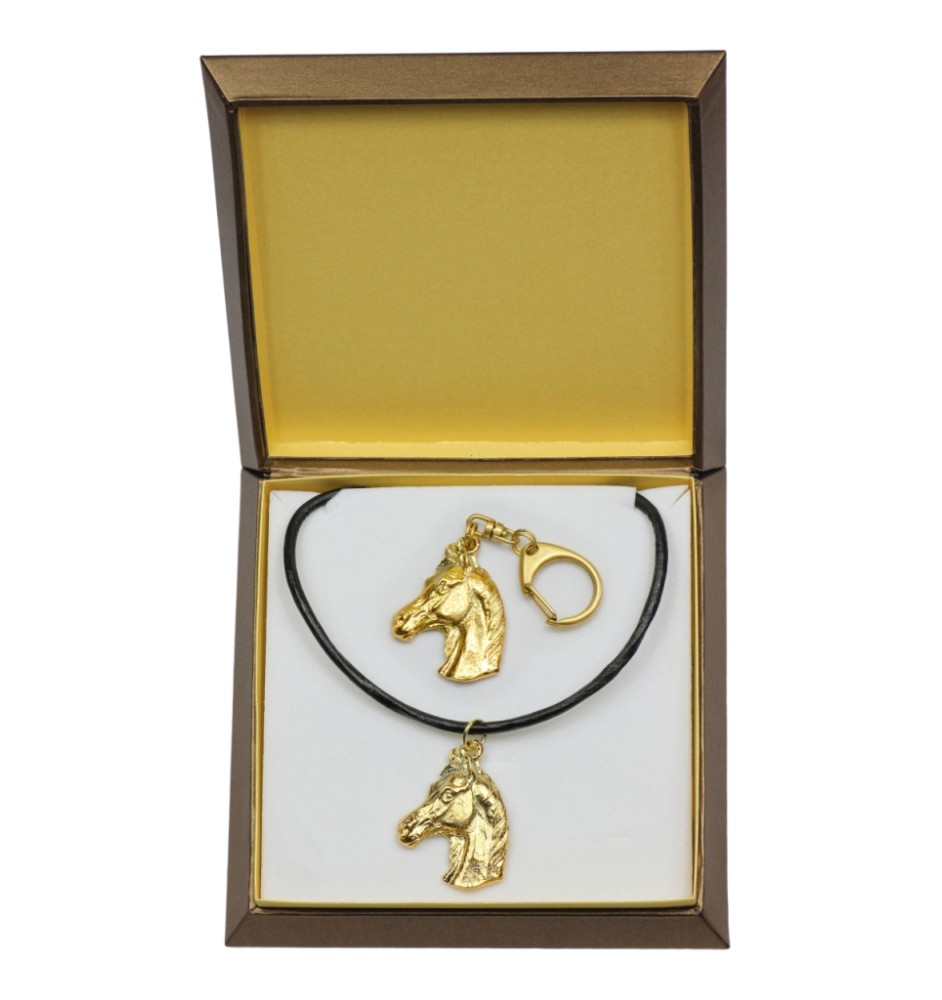 Cheval d'élevage australien porte-clés et collier avec un cheval dans une boîte, produit plaqué or de haute qualité, marque Art-Dog