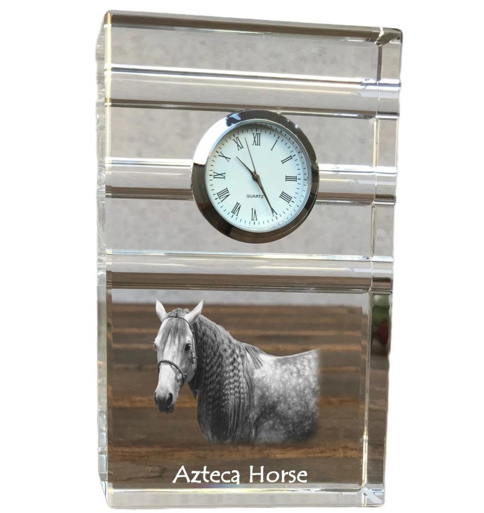 Azteca Horse - glass clock with a photo, photo of a horse in crystal, personalized standing office clock by Art-Dog brand