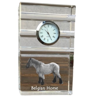 Belgian Horse - glass clock with a photo, photo of a horse in crystal, personalized standing office clock by Art-Dog brand