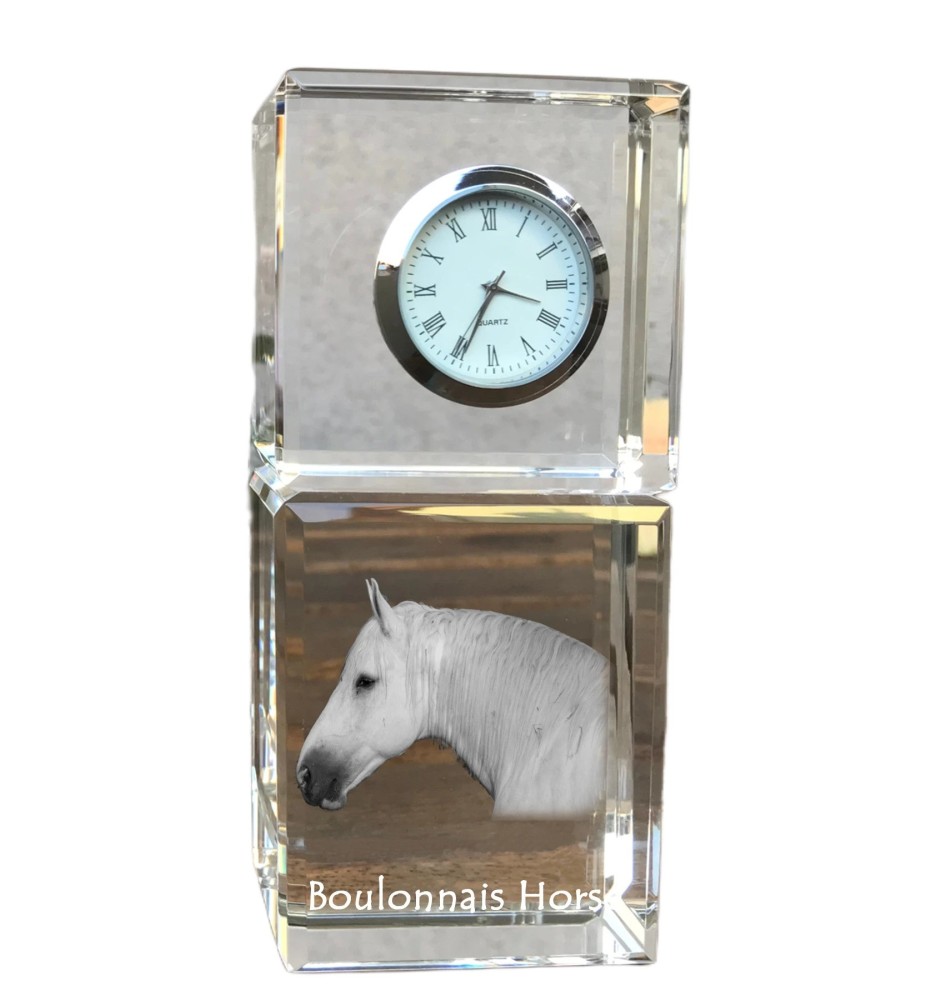 Boulonnais Horse - crystal clock with a photo, photo of a horse in crystal, personalized desk clock by Art-Dog brand