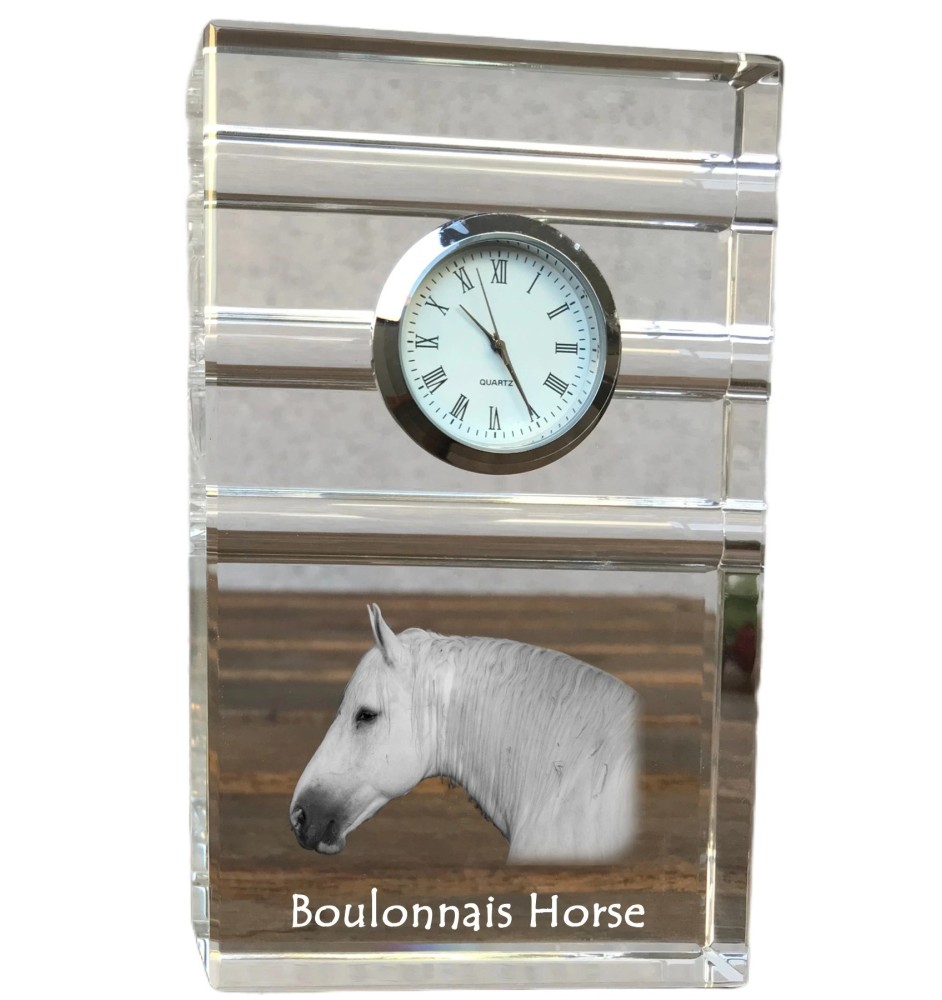 Boulonnais Horse - glass clock with a photo, photo of a horse in crystal, personalized standing office clock by Art-Dog brand
