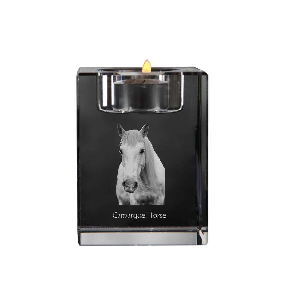 Camargue-Pferd - Kerzenhalter mit Bild eines Pferdes, Teelichthalter aus Kristall, personalisiertes Geschenk der Marke Art-Dog