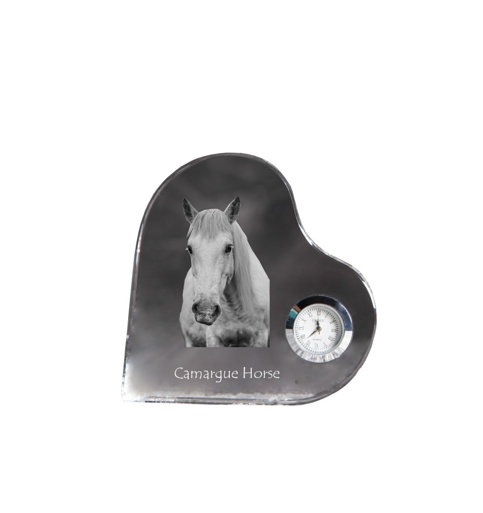 Camargue-Pferd - Kristalluhr mit einem Pferdebild, Herzregal-Uhr, personalisierte Standuhr der Marke Art-Dog
