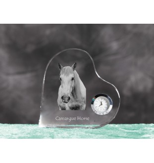 Camargue-Pferd - Kristalluhr mit einem Pferdebild, Herzregal-Uhr, personalisierte Standuhr der Marke Art-Dog