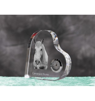 Camargue-Pferd - Kristalluhr mit einem Pferdebild, Herzregal-Uhr, personalisierte Standuhr der Marke Art-Dog