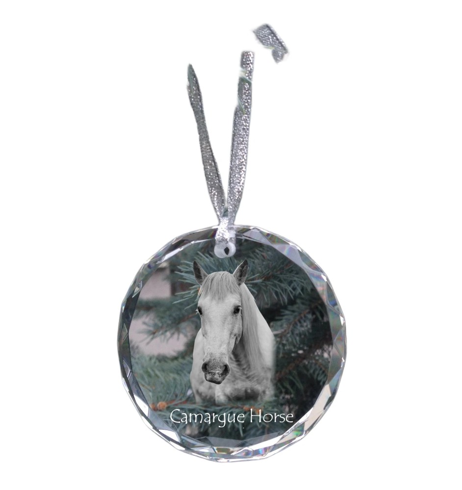 Camargue-Pferd - Kristallkugel mit einem Foto, Pferdefoto im Kristall, personalisierter Weihnachtsbaumanhänger von der Marke Art-Dog