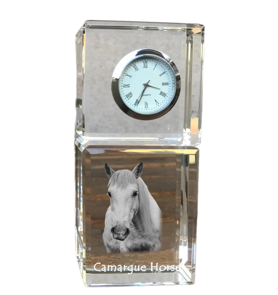 Camargue Horse - crystal clock with a photo, photo of a horse in crystal, personalized desk clock by Art-Dog brand