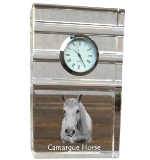 Camargue Horse - glass clock with a photo, photo of a horse in crystal, personalized standing office clock by Art-Dog brand