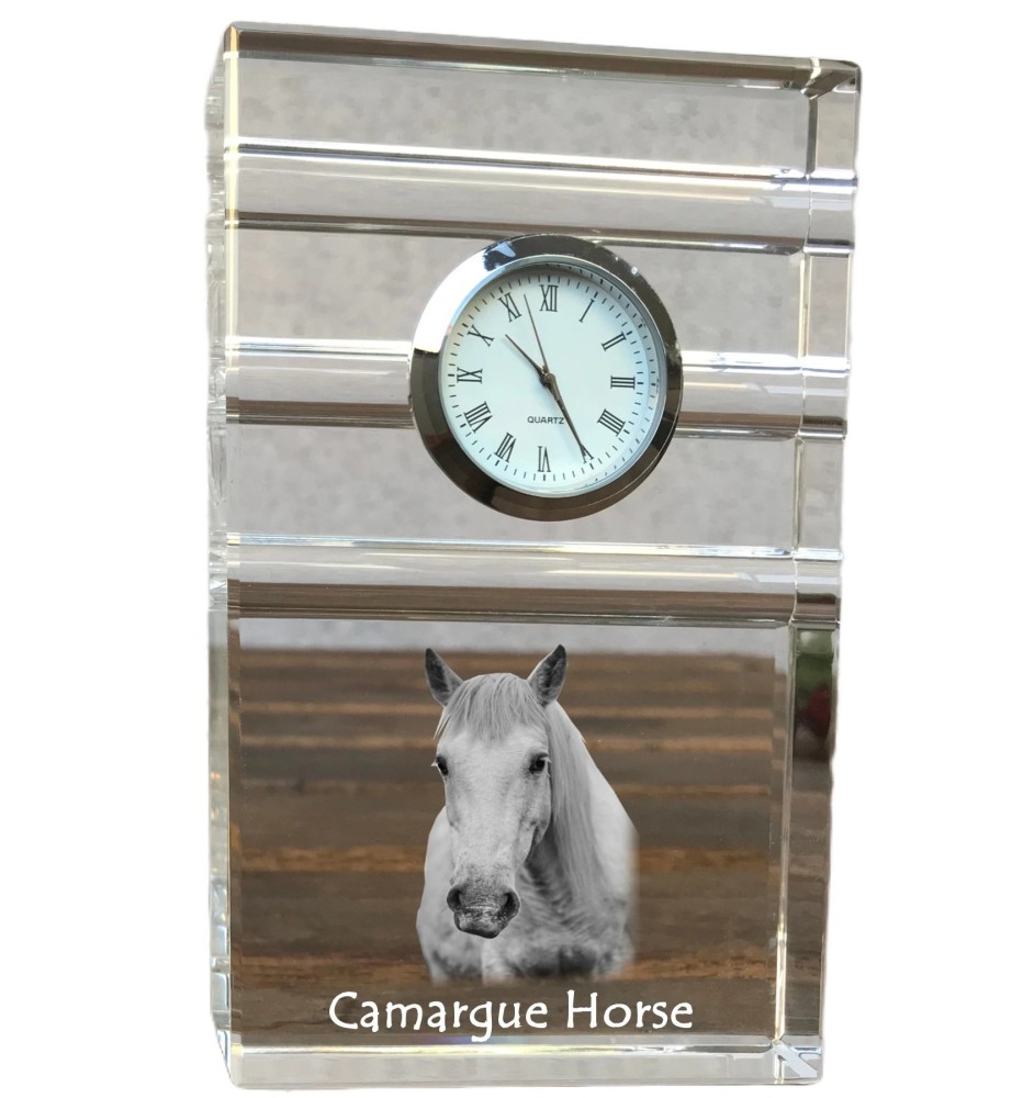 Camargue Horse - glass clock with a photo, photo of a horse in crystal, personalized standing office clock by Art-Dog brand