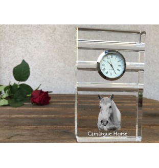 Camargue-Pferd - Glasuhr mit Foto, Pferdefoto im Kristall, personalisierte Tischuhr für das Büro der Marke Art-Dog