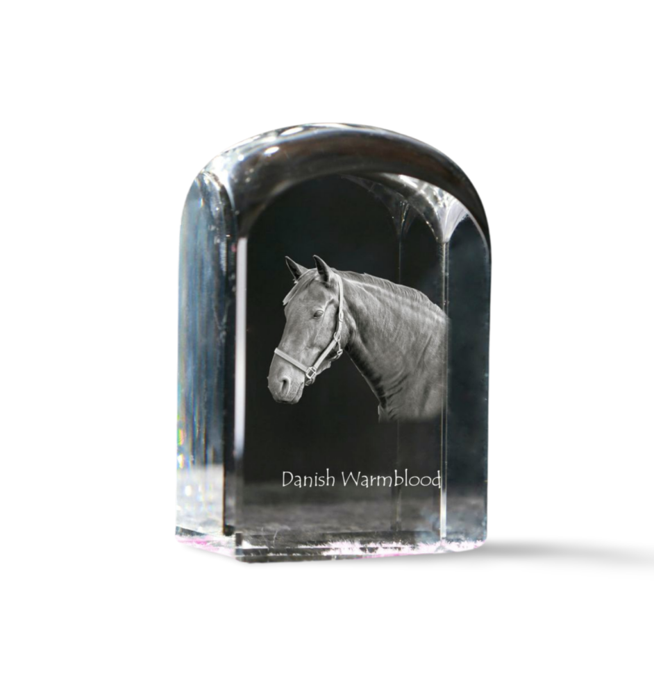 Dänisches Warmblut - Kristallwürfel mit Bild, Pferdebild im Kristall, sechseckiger Papierclip der Marke Art-Dog