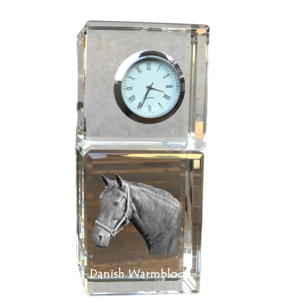 Danish Warmblood - crystal clock with a photo, photo of a horse in crystal, personalized desk clock by Art-Dog brand
