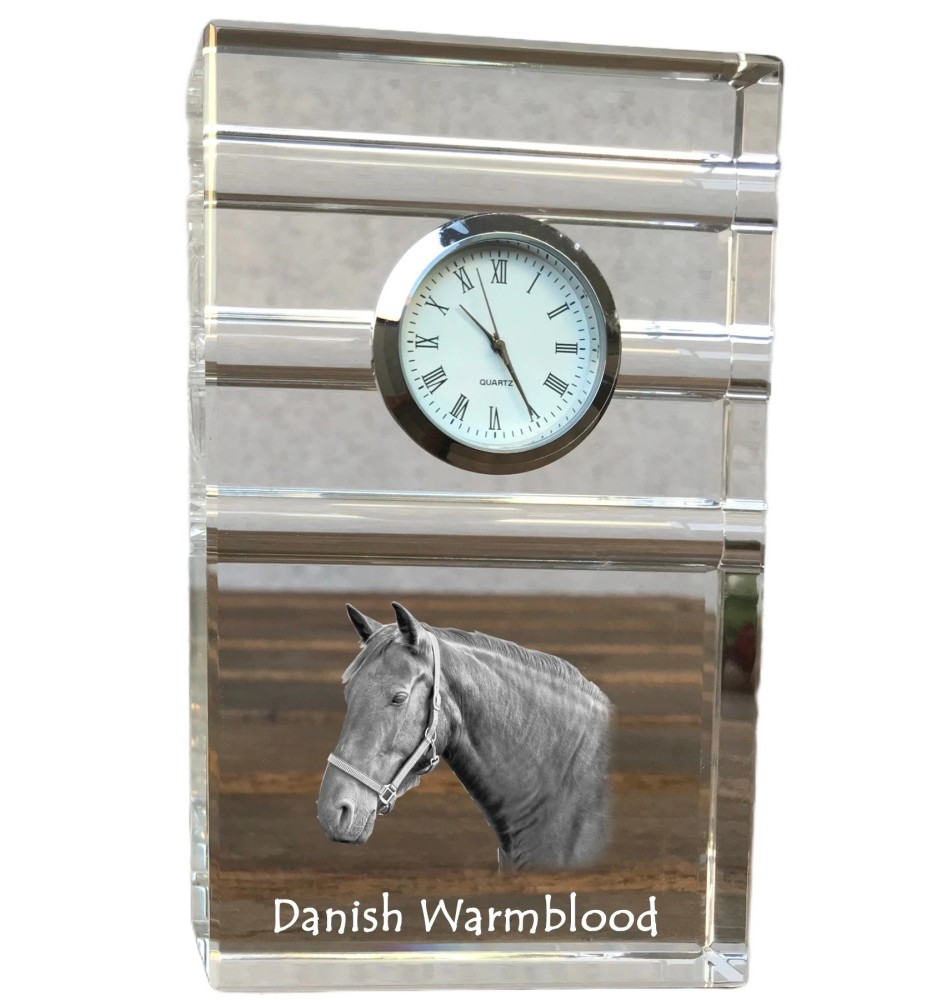Danish Warmblood - glass clock with a photo, photo of a horse in crystal, personalized standing office clock by Art-Dog brand
