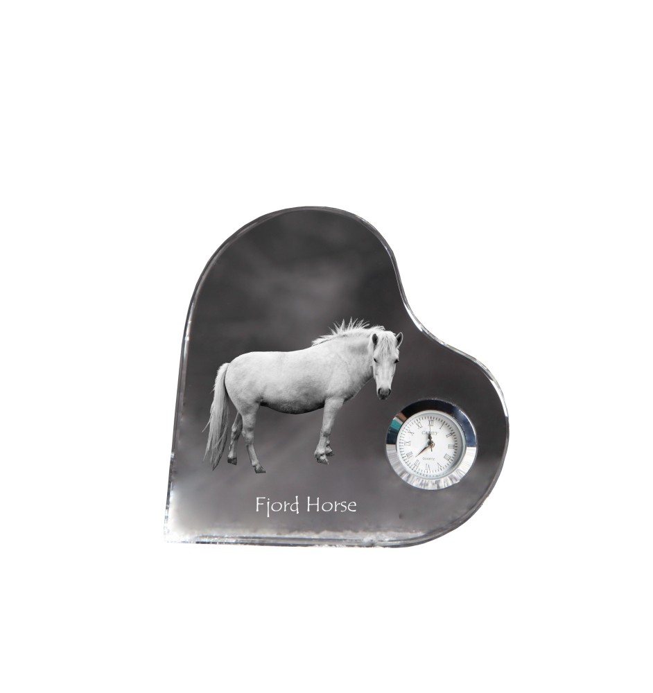 Fjordpferd - Kristalluhr mit einem Pferdebild, Herzregal-Uhr, personalisierte Standuhr der Marke Art-Dog