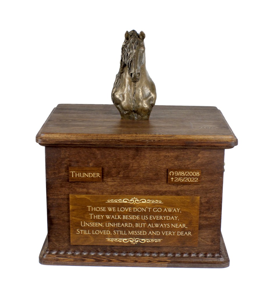 Braunes Pferd - Eine Urne für die Asche eines Pferdes mit einer Statue, personalisierte Urne mit Gravur, große Schachtel für Pferdeasche von der Marke Art-Dog.