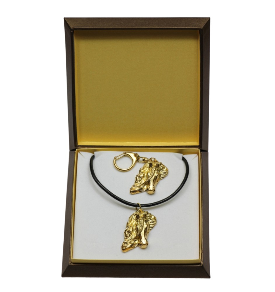 Cheval bai porte-clés et collier avec un cheval dans une boîte, produit plaqué or de haute qualité, marque Art-Dog