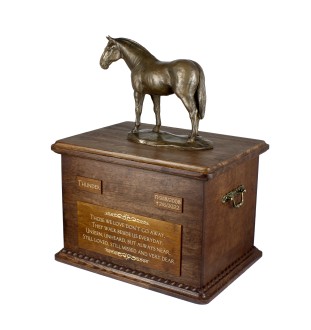 Hanoverian Horse - urn for horse ashes with a statuette, personalized urn with engraving, large box for horse ashes from the Art-Dog brand