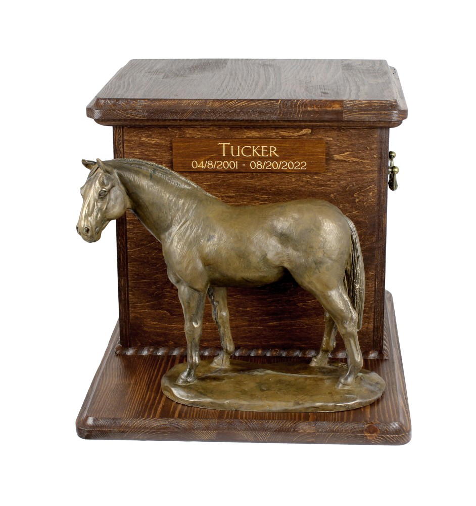Cheval hanovrien - urne pour cendres de cheval avec statuette, urne personnalisée avec gravure, grande boîte pour cendres de cheval de la marque Art-Dog