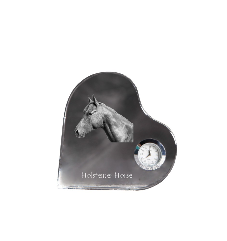 Holsteiner Horse - crystal clock with a picture of a horse, heart-shaped shelf clock, personalized standing clock by Art-Dog brand