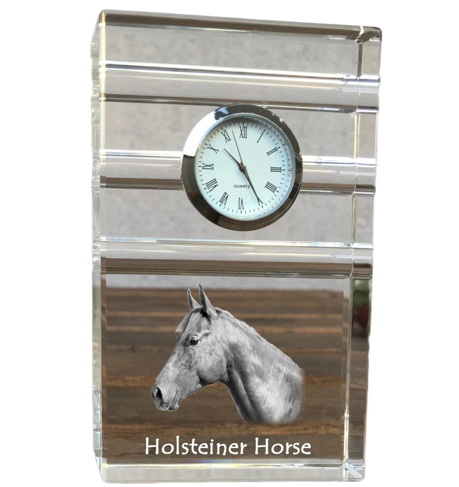 Holsteiner Horse - glass clock with a photo, photo of a horse in crystal, personalized standing office clock by Art-Dog brand