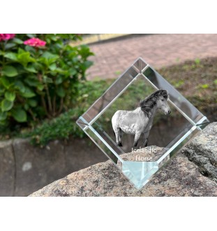 Icelandic Horse - crystal cube with a horse picture, horse picture in crystal, cubic paperweight from Art-Dog brand