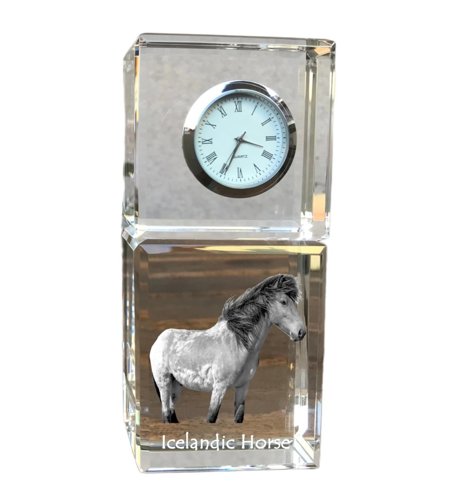 Icelandic Horse - crystal clock with a photo, photo of a horse in crystal, personalized desk clock by Art-Dog brand