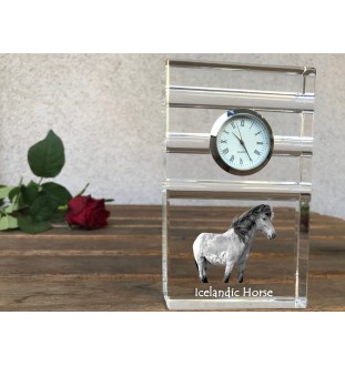 Icelandic Horse - glass clock with a photo, photo of a horse in crystal, personalized standing office clock by Art-Dog brand
