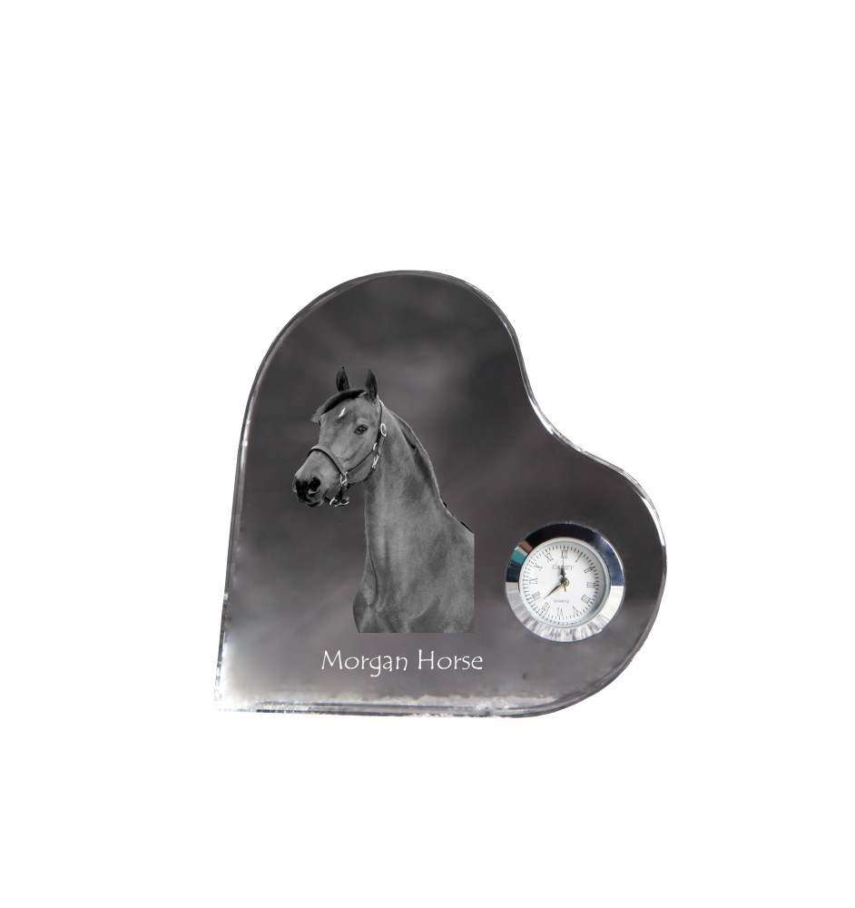 Cheval Morgan - horloge en cristal avec une photo de cheval, horloge de table en forme de cœur, horloge debout personnalisée de la marque Art-Dog