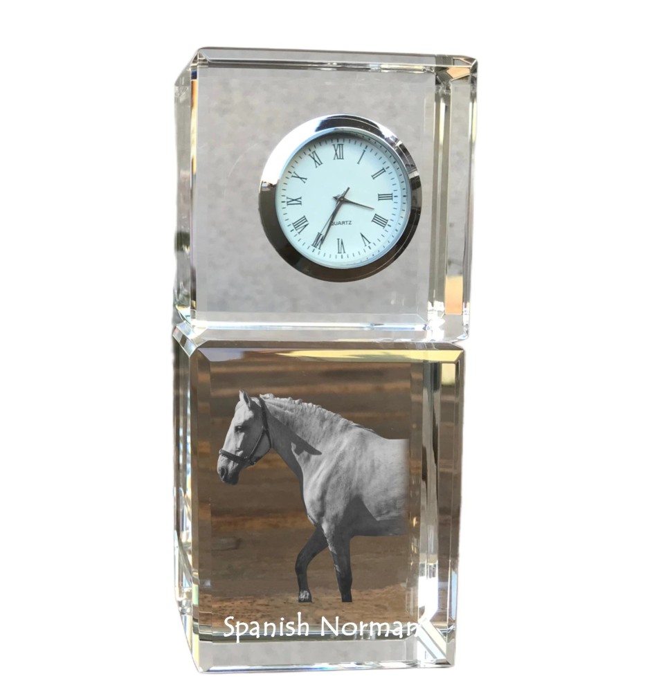 Spanischer Normanne - Kristalluhr mit Bild, Pferdebild im Kristall, personalisierte Schreibtischuhr der Marke Art-Dog