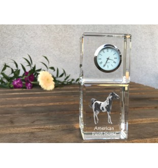 Paint Horse américain - montre en cristal avec photo, photo de cheval dans le cristal, horloge de bureau personnalisée de la marque Art-Dog