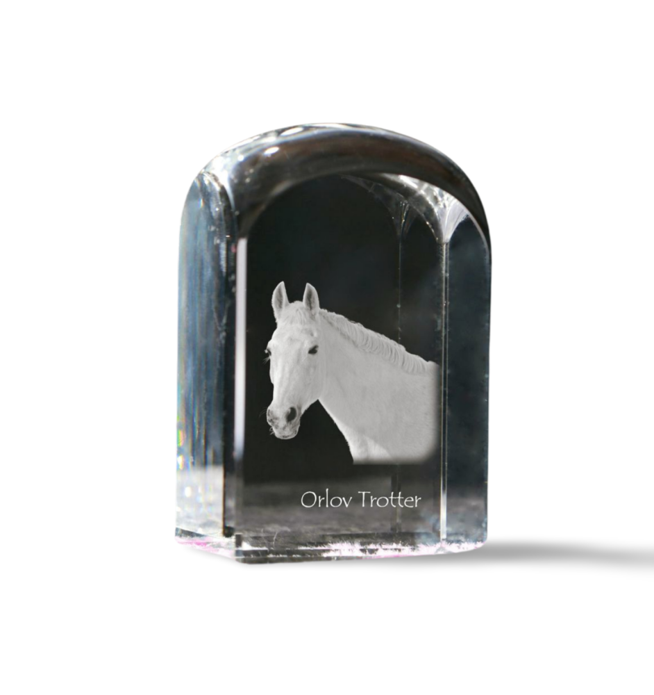 Orlov Trotter - crystal cube with a photo, photo of a horse in crystal, cubic paperweight from Art-Dog brand