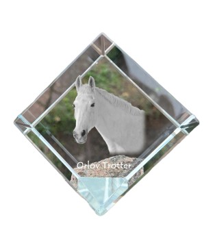 Orlov Trotter - crystal cube with a horse picture, horse picture in crystal, cubic paperweight from Art-Dog brand