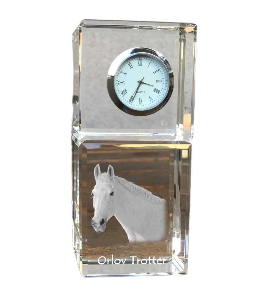 Orlov Trotter - crystal clock with a photo, photo of a horse in crystal, personalized desk clock by Art-Dog brand