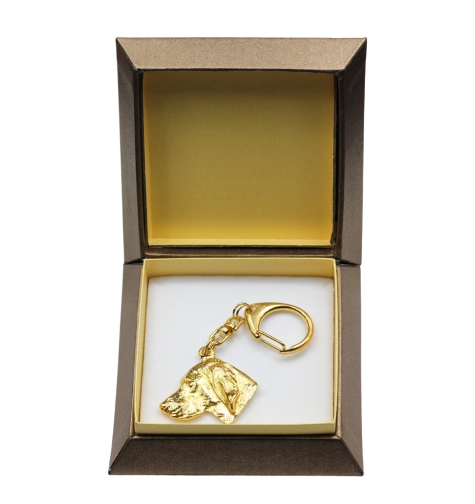 Vizsla, Kurzhaarige Ungarische Vorstehhund, Magyar Vizsla Kurzhaar - Vergoldeter Schlüsselanhänger mit Hund in Geschenkbox, Handtaschen-Dekoration, Luxus-Accessoire der Marke Art-Dog