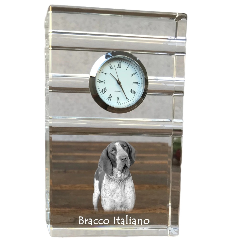 Italienischer Vorstehhund, Bracco Italiano - Glasuhr mit Foto, Foto eines Hundes im Kristall, personalisierte Tischuhr für das Büro der Marke Art-Dog