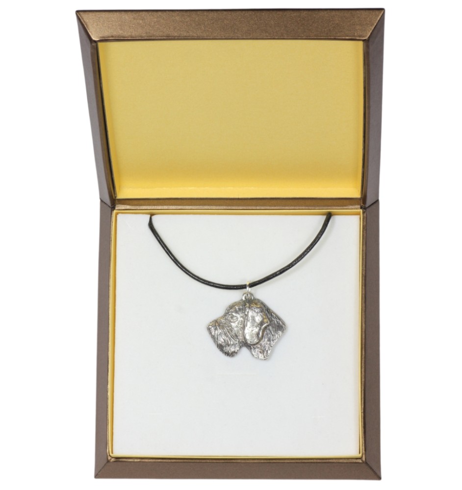 Deutsch Drahthaar - Hundehalsband in Geschenkbox, versilbertes Medaillon für Hundefans, markanter Anhänger der Marke Art-Dog