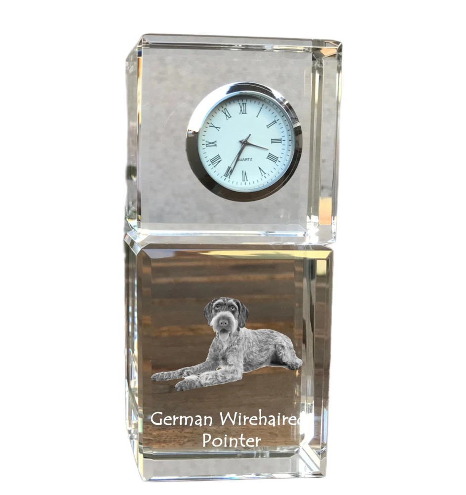 Chien d'arrêt allemand à poil dur, Braque allemand à poil dur - montre en cristal avec photo, photo de chien dans un cristal, horloge de bureau personnalisée de la marque Art-Dog