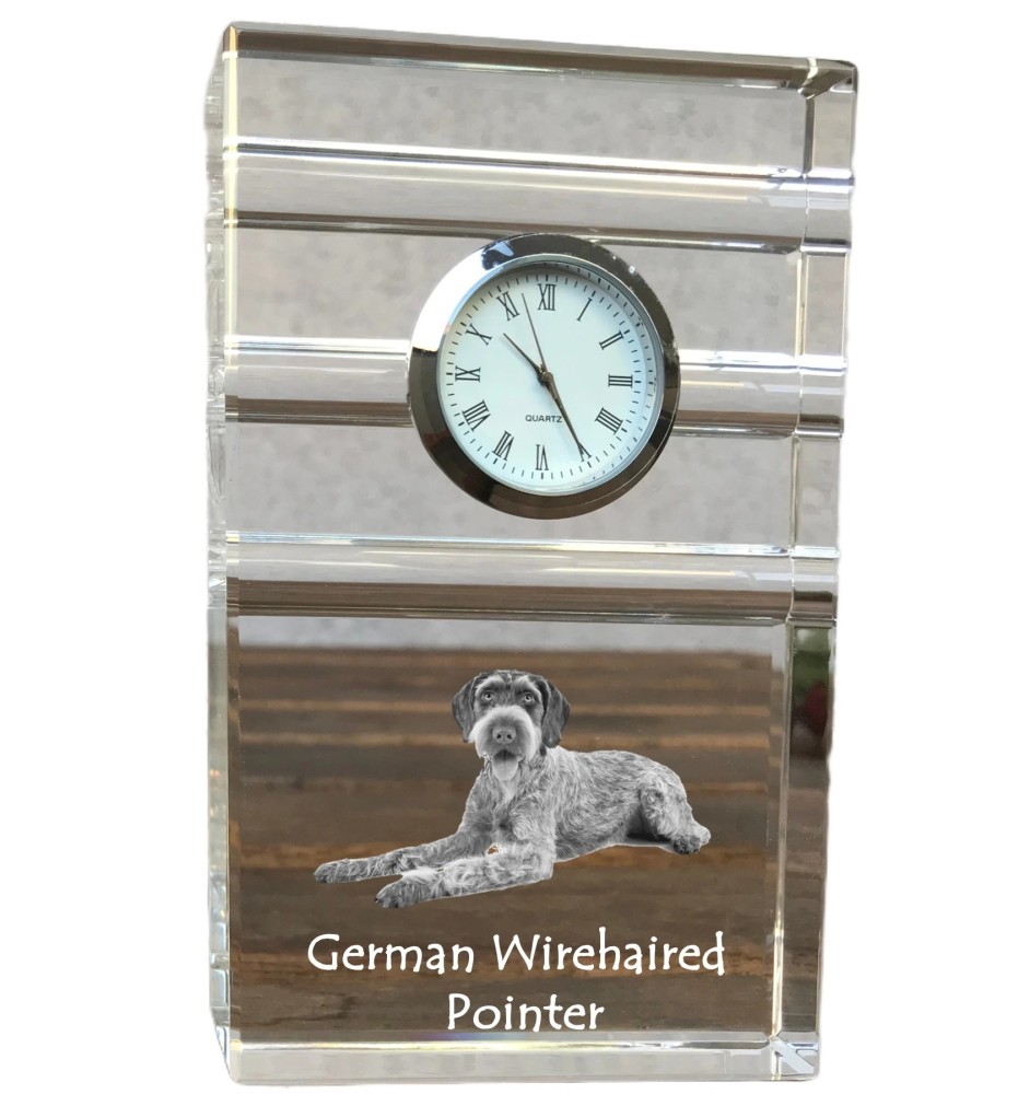 German Wirehaired Pointer - glass clock with a photo, photo of a dog in crystal, personalized standing office clock by Art-Dog brand