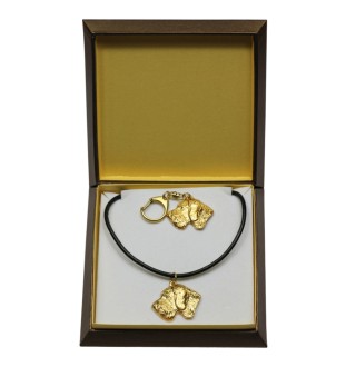 Chien d'arrêt allemand à poil dur, Braque allemand à poil dur - porte-clés et collier avec chien dans une boîte, produit plaqué or de haute qualité, marque Art-Dog