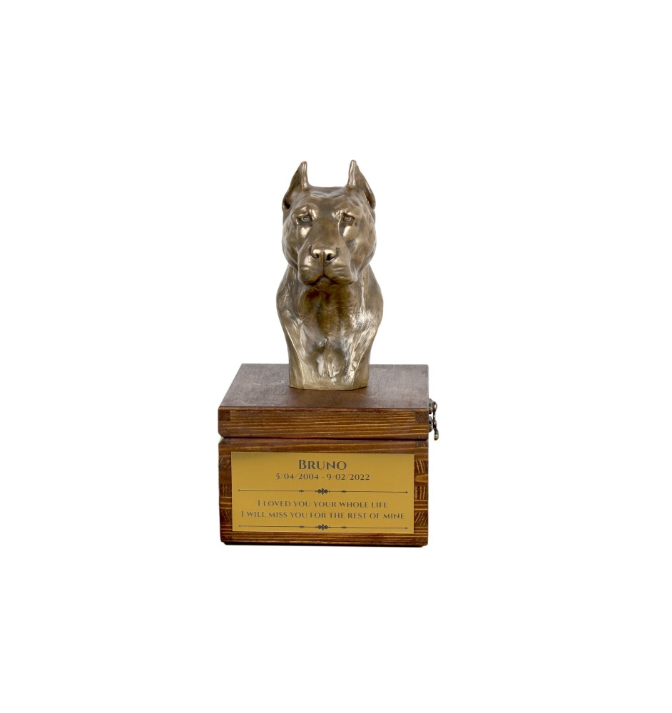 American Staffordshire Terrier, Amstaff VI - urn for dog ashes with a statuette, small urn for a dog, personalized urn with a bust of a dog by Art-Dog brand
