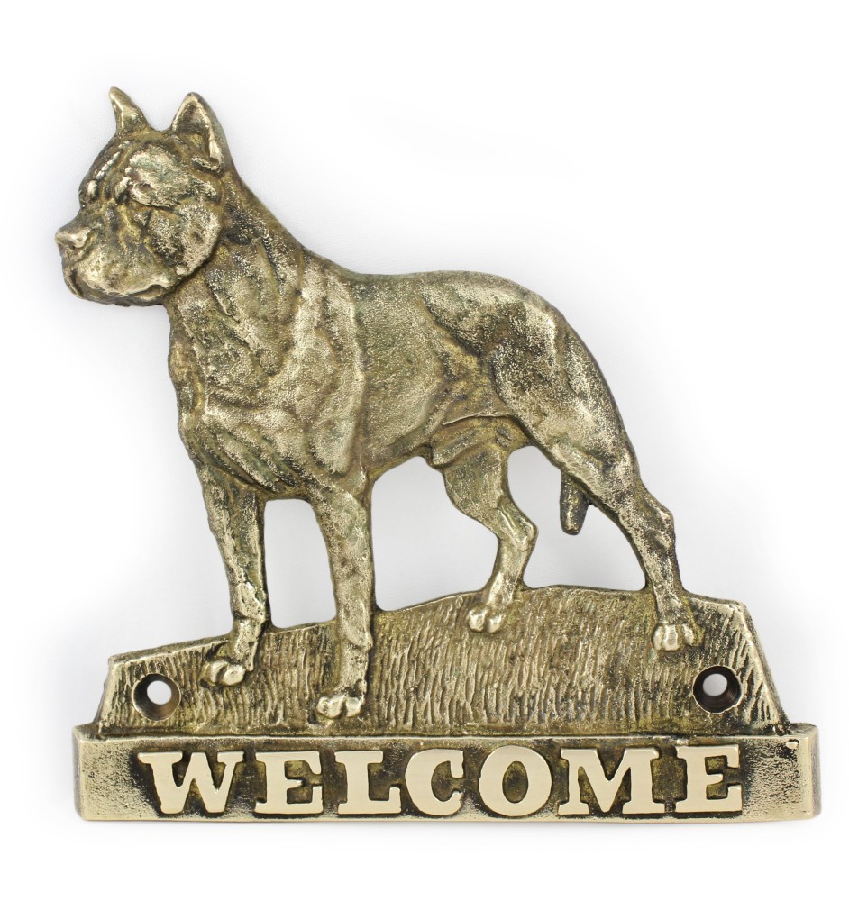 American Staffordshire Terrier, Amstaff, Am staff, Staff III - une plaque de porte avec un chien, une plaque de bienvenue en laiton, une enseigne exceptionnelle avec l'inscription Welcome de la marque