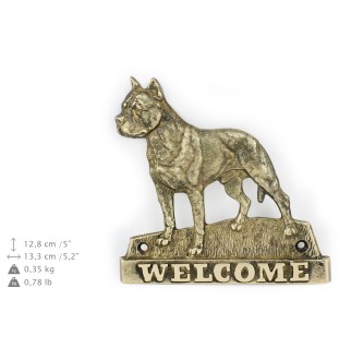 American Staffordshire Terrier, Amstaff III - Türschild mit Hund, messingfarbenes Willkommensschild, einzigartiges Schild mit der Aufschrift Welcome von der Marke Art-Dog