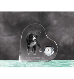 Bernese Mountain Dog, Berner Sennenhund - crystal clock with a dog picture, heart-shaped shelf clock, personalized standing clock by Art-Dog brand