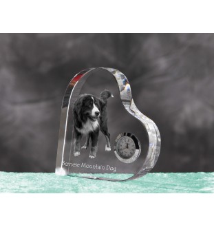 Bernese Mountain Dog, Berner Sennenhund - crystal clock with a dog picture, heart-shaped shelf clock, personalized standing clock by Art-Dog brand