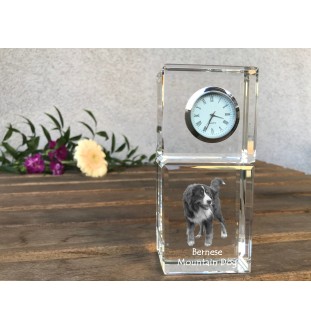 Berner Sennenhund, Dürrbächler, Bouvier bernois - Kristalluhr mit Foto, Hundebild im Kristall, personalisierte Schreibtischuhr von Art-Dog.