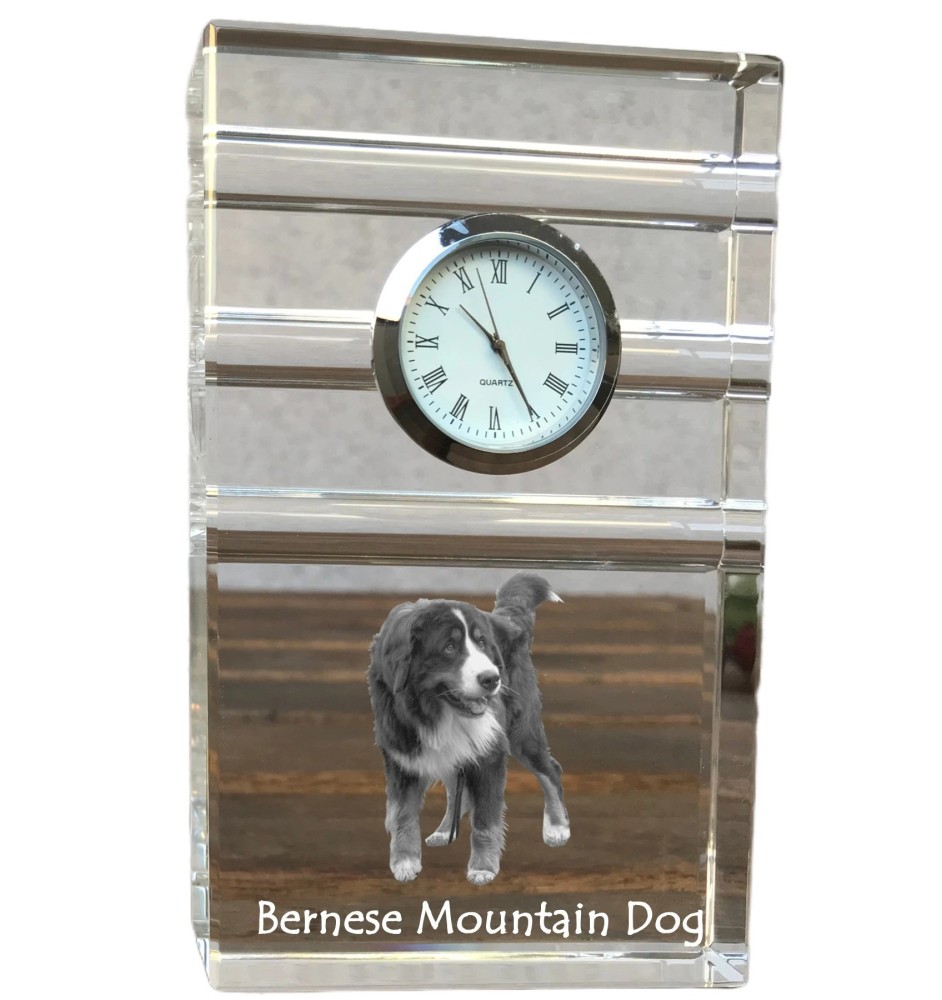 Bernese Mountain Dog, Berner Sennenhund - glass clock with a photo, photo of a dog in crystal, personalized standing office clock by Art-Dog brand