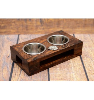 Bernese Mountain Dog, Berner Sennenhund I - wooden stand with bowls for a dog, steel dog bowls, a gift for adopting a dog from the Art-Dog brand