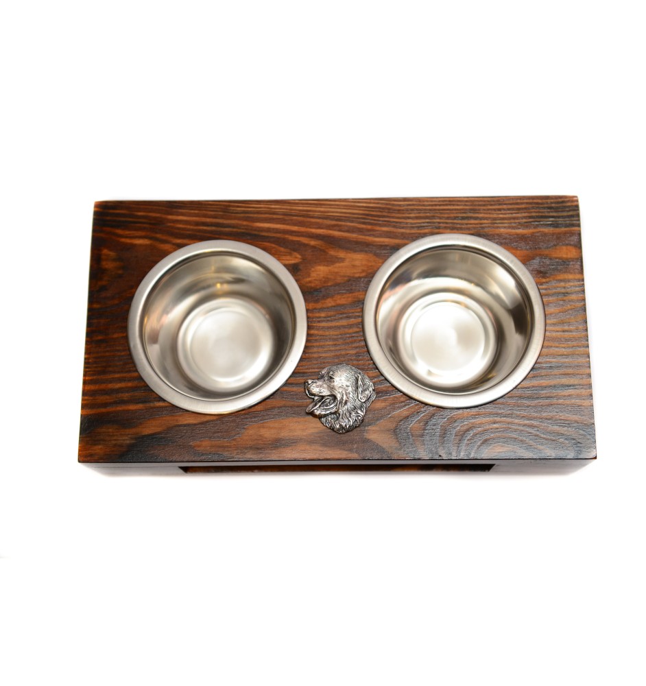 Bernese Mountain Dog, Berner Sennenhund - wooden stand with bowls for a dog, steel dog bowls, a gift for adopting a dog from the Art-Dog brand