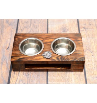 Bernese Mountain Dog, Berner Sennenhund - wooden stand with bowls for a dog, steel dog bowls, a gift for adopting a dog from the Art-Dog brand