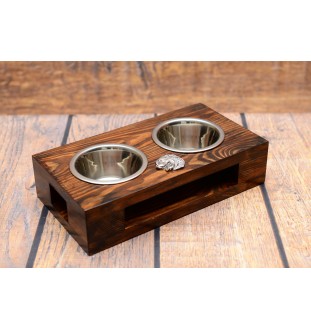 Bernese Mountain Dog, Berner Sennenhund - wooden stand with bowls for a dog, steel dog bowls, a gift for adopting a dog from the Art-Dog brand